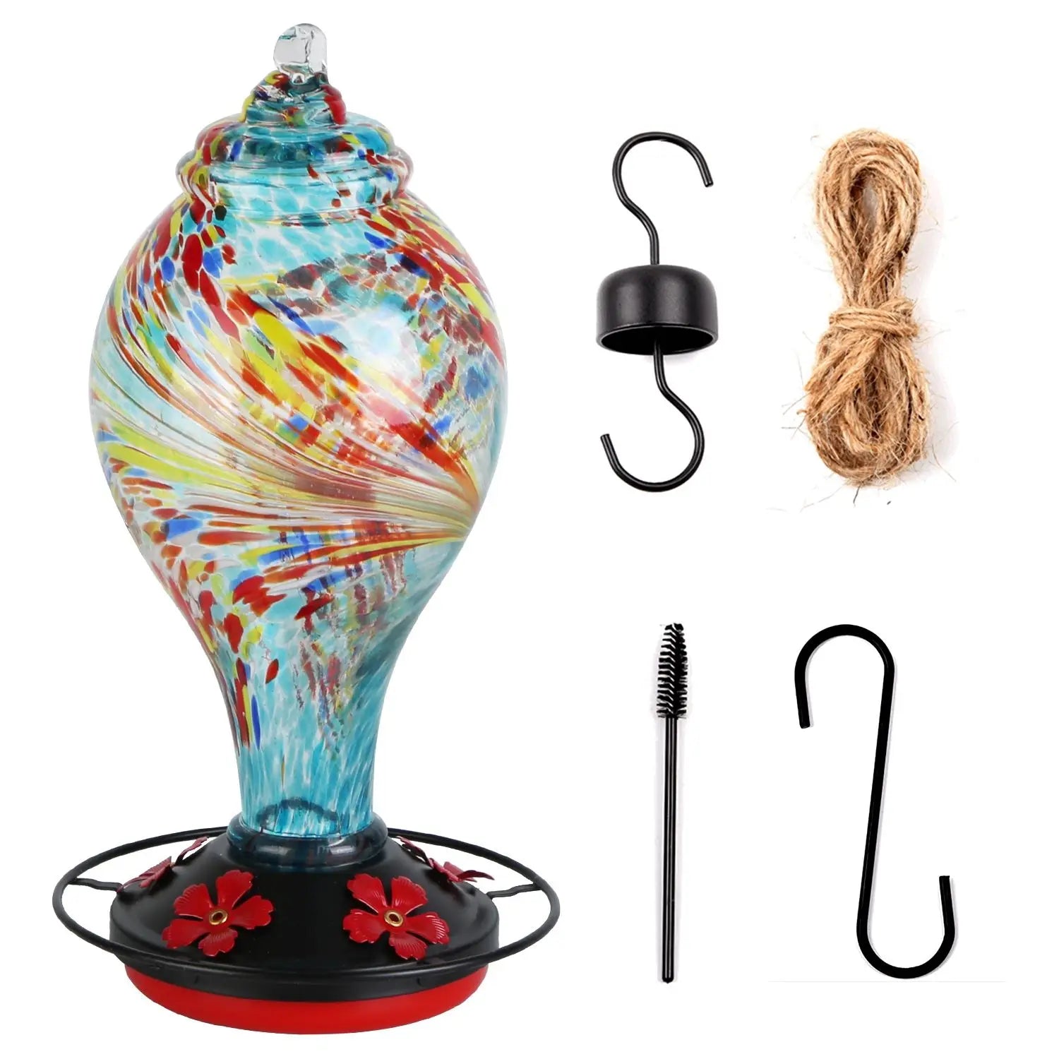 Hand Blown 33OZ Glass Hummingbird Feeder with 5 Flower Feeding Ports Perch Ant Moat & S Hook Hemp for Bird Supplies
