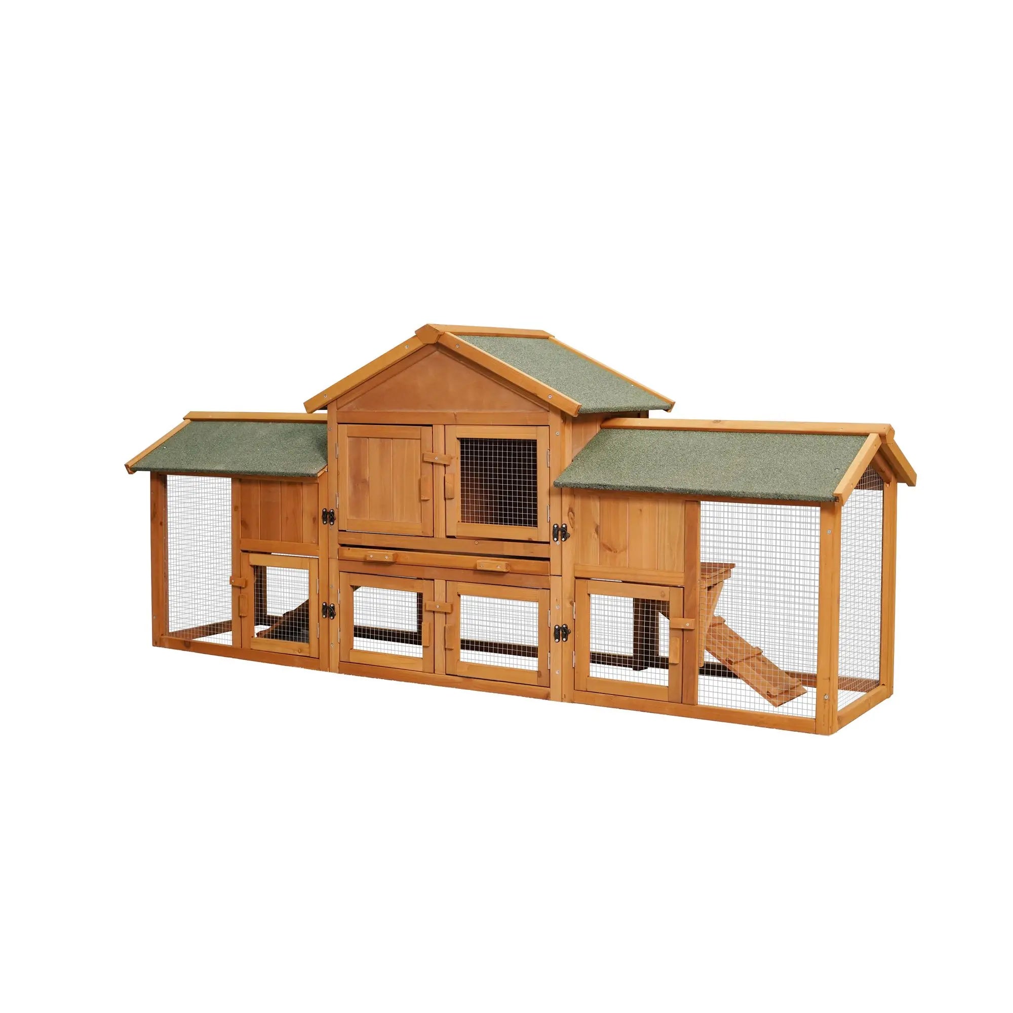 79.5\" Extra Large Bunny Cage Two Runs House Small Animal Habitats Waterproof Roof Removable Tray for Guinea Pigs Hamsters