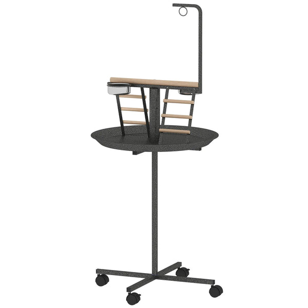 Classic Style Stainless Steel Bird Stand with Wheels Round Tray and Dark Gray Feed Bowls for Indoor and Outdoor Parrot Play