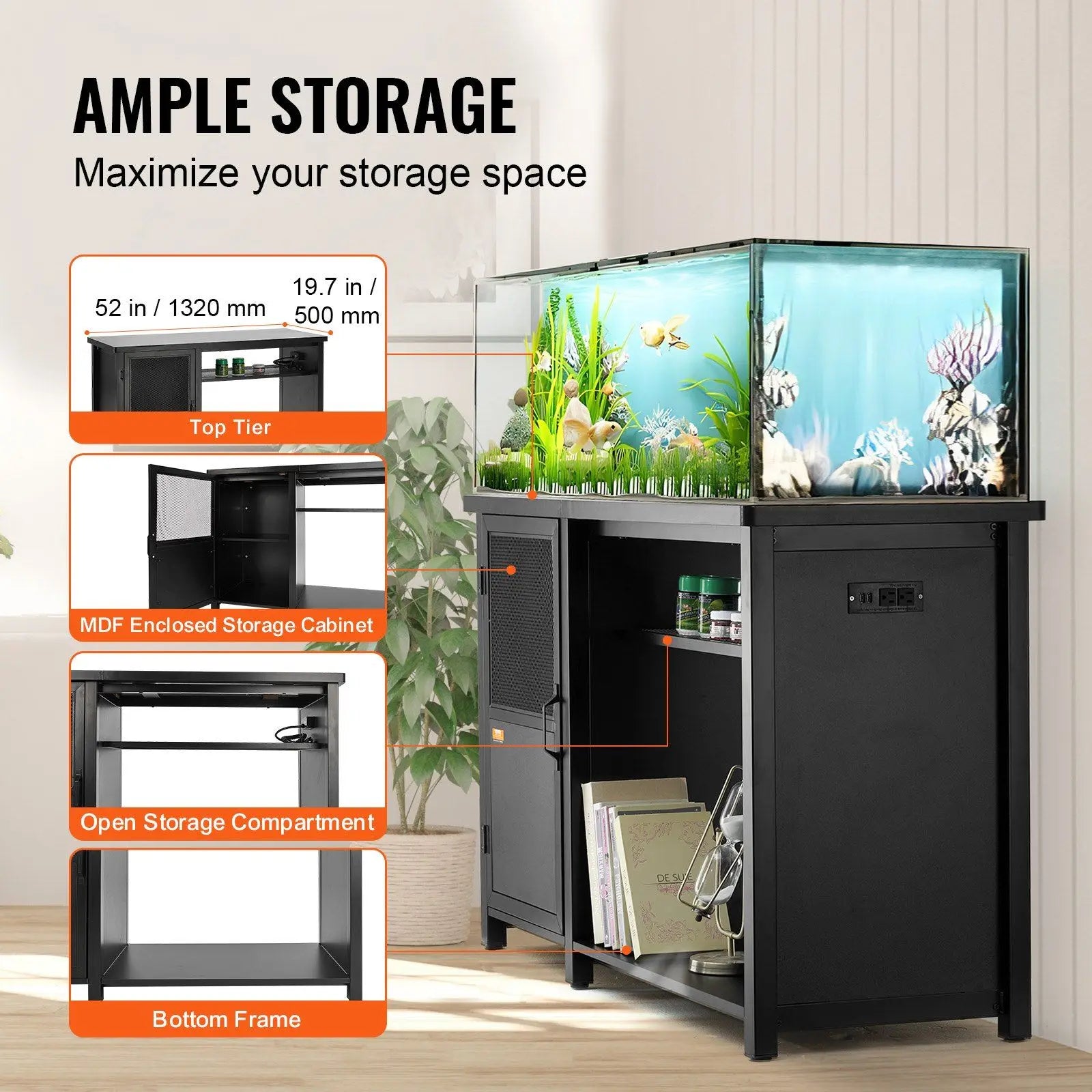 Black Rectangle 75 Gallon Aquarium Stand Steel MDF Modern Design Indoor Use Box Packaging Fish Tank Reptile Turtle Habitat Power