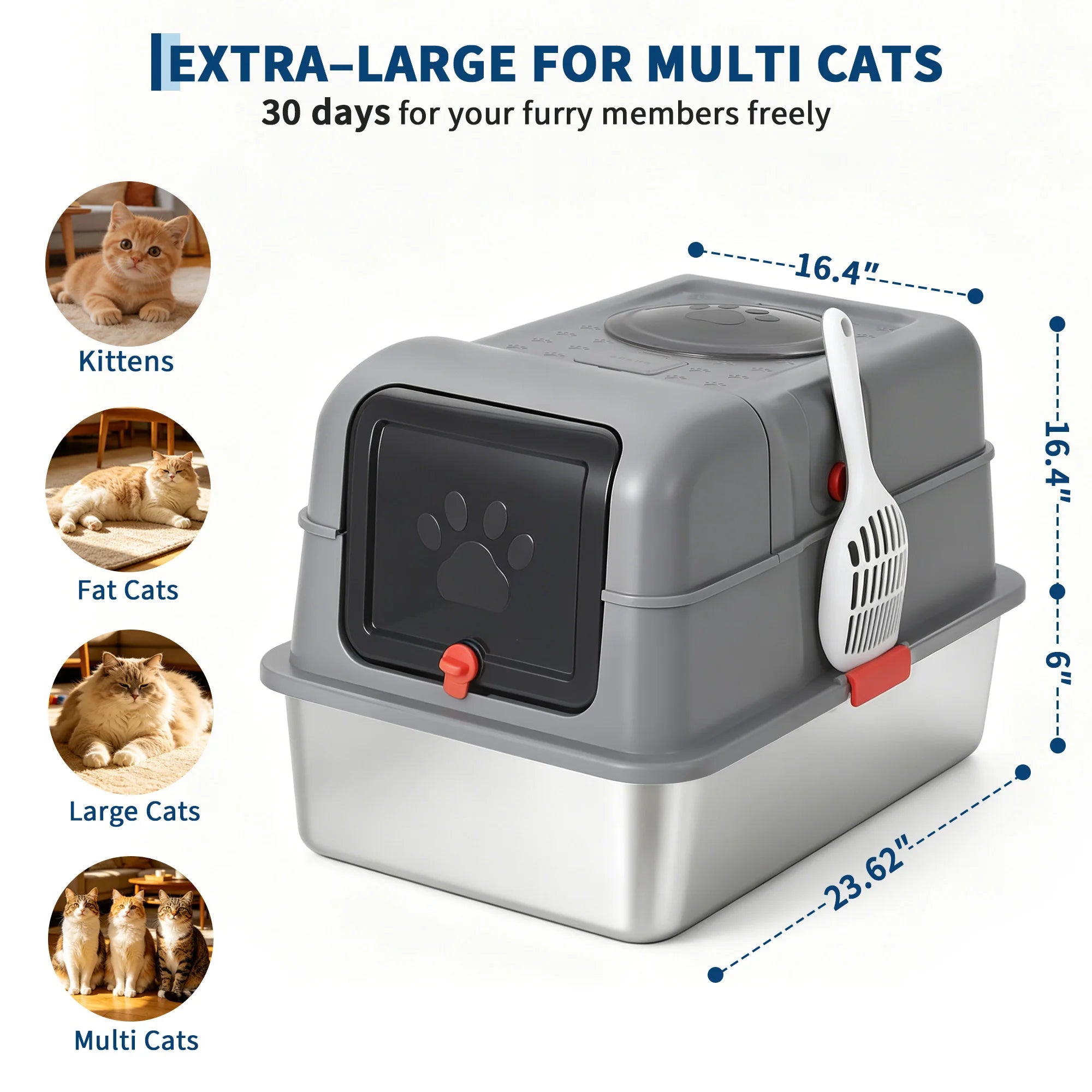 Dog Proof Litter Box Large Stainless Steel Cat Litter Box with Lid, XL Enclosed Metal Litter Pan, Front Entry Top Exit, High-Sided Anti-Leak, Includes Scoop for Big Cats & Multi-Cat Home