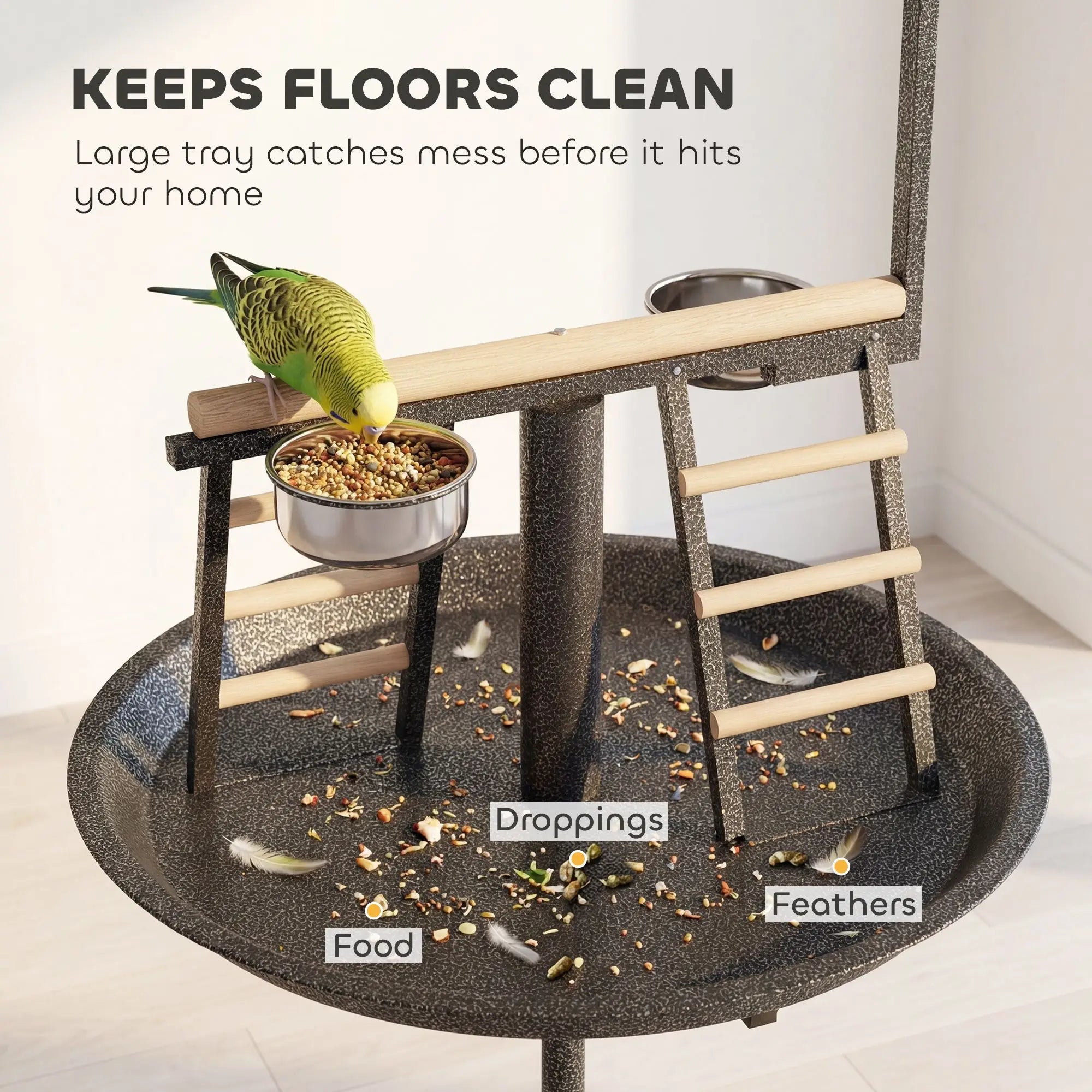 Classic Style Stainless Steel Bird Stand with Wheels Round Tray and Dark Gray Feed Bowls for Indoor and Outdoor Parrot Play