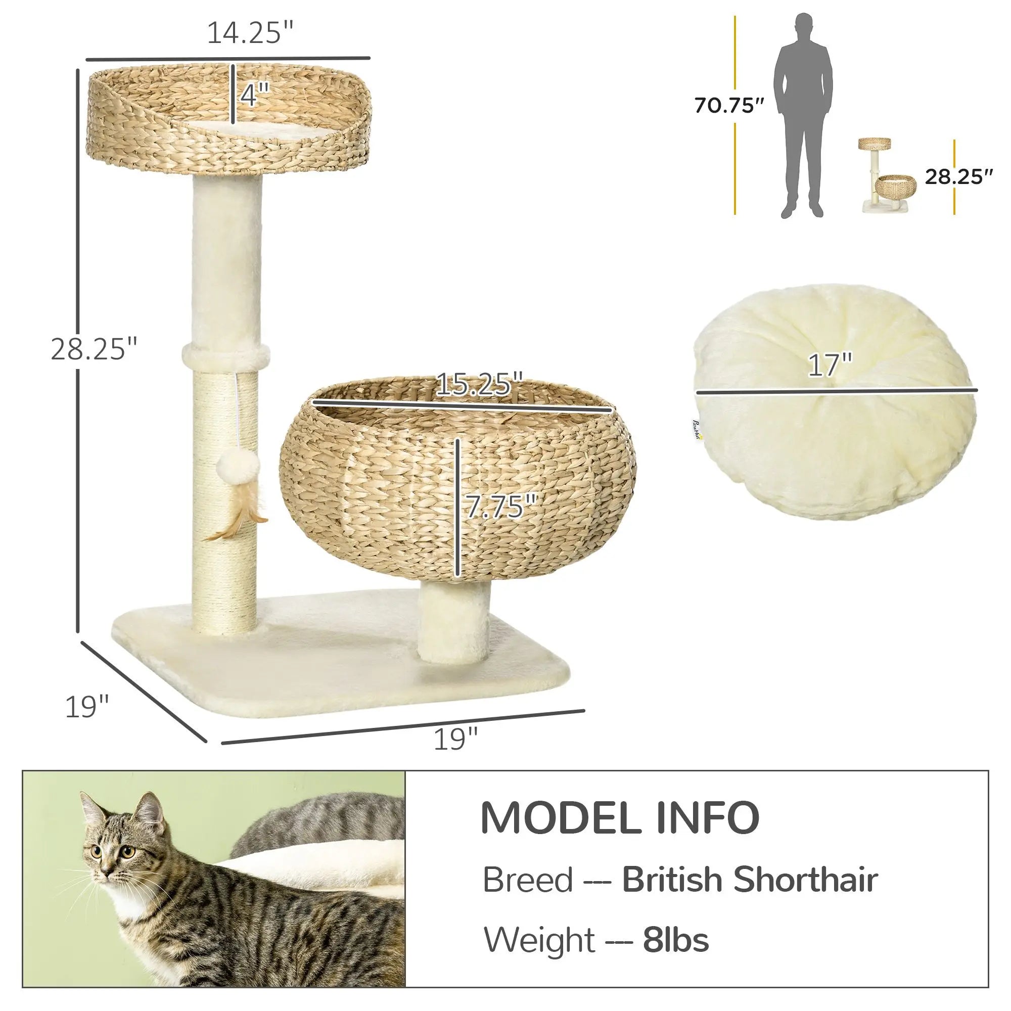 28\" Modern Cat Tree with Elevated Bed and Sisal Scratching Post Cute Basket Design for Indoor Kitties and Small Cats