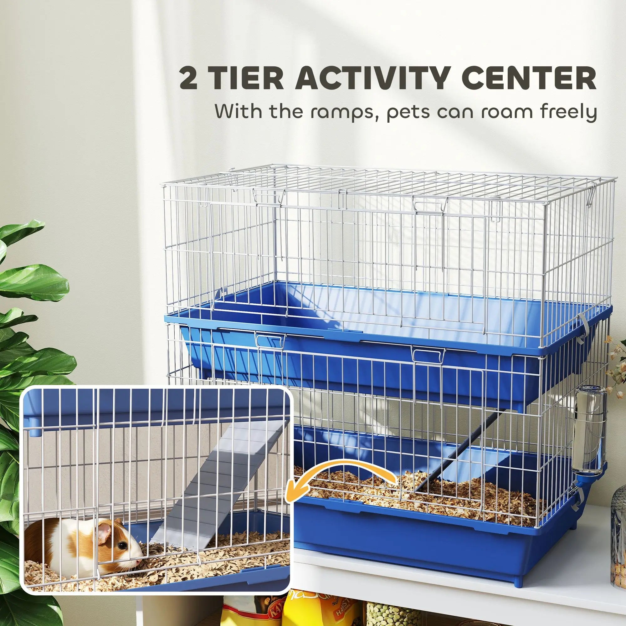 2-Tier Small Animal Cage XL Size for Guinea Pigs Ferrets Chinchillas Deep Bottoms Ram Durable Acrylic Indoor Dish Bottle 2 Doors