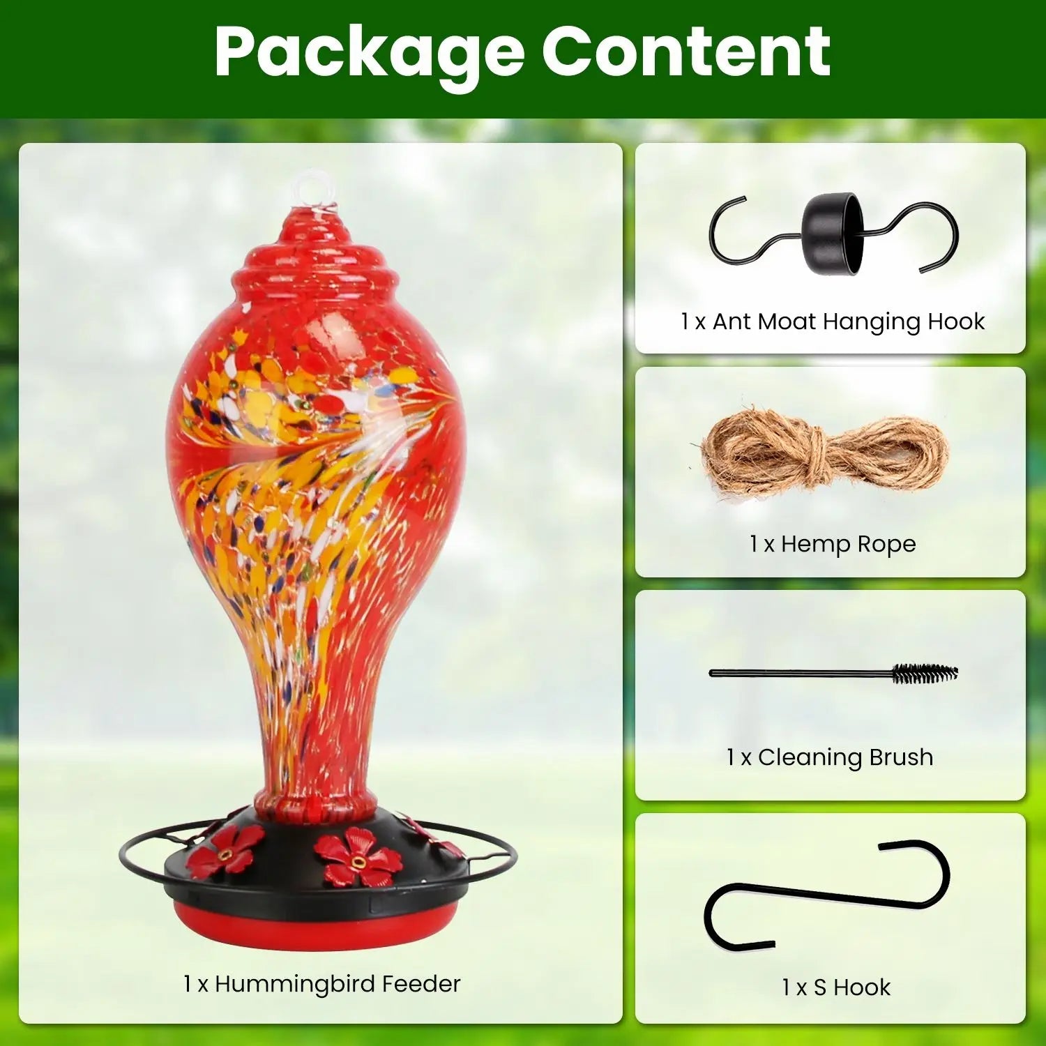 Hand Blown 33OZ Glass Hummingbird Feeder with 5 Flower Feeding Ports Perch Ant Moat & S Hook Hemp for Bird Supplies