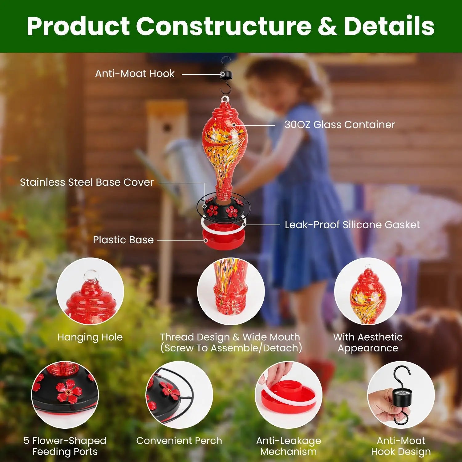 Hand Blown 33OZ Glass Hummingbird Feeder with 5 Flower Feeding Ports Perch Ant Moat & S Hook Hemp for Bird Supplies