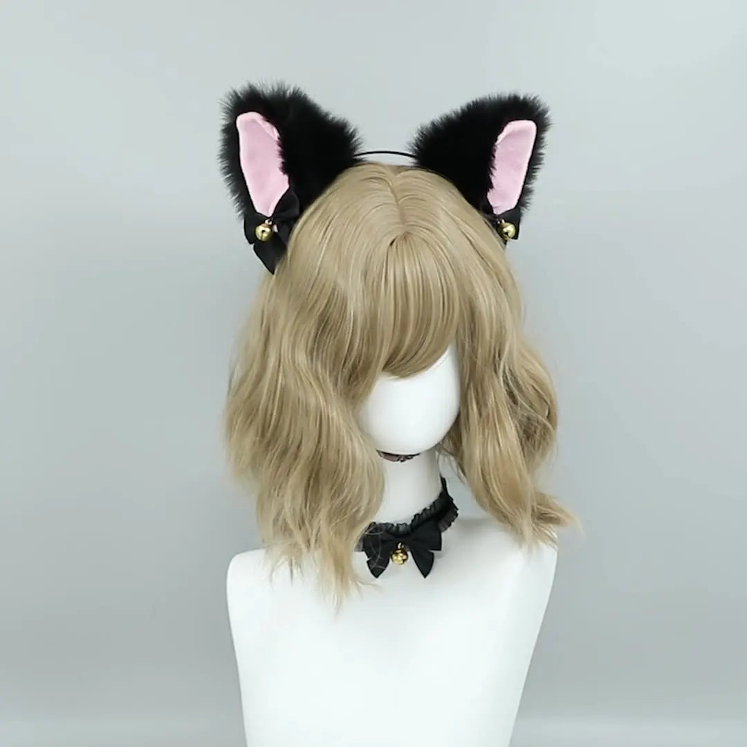 Kawaii Cat Ear Headband Necklace Anime Party Cosplay Costume Lace Bow Bell Collar Plush Headwear Women Girls Hair Accessories