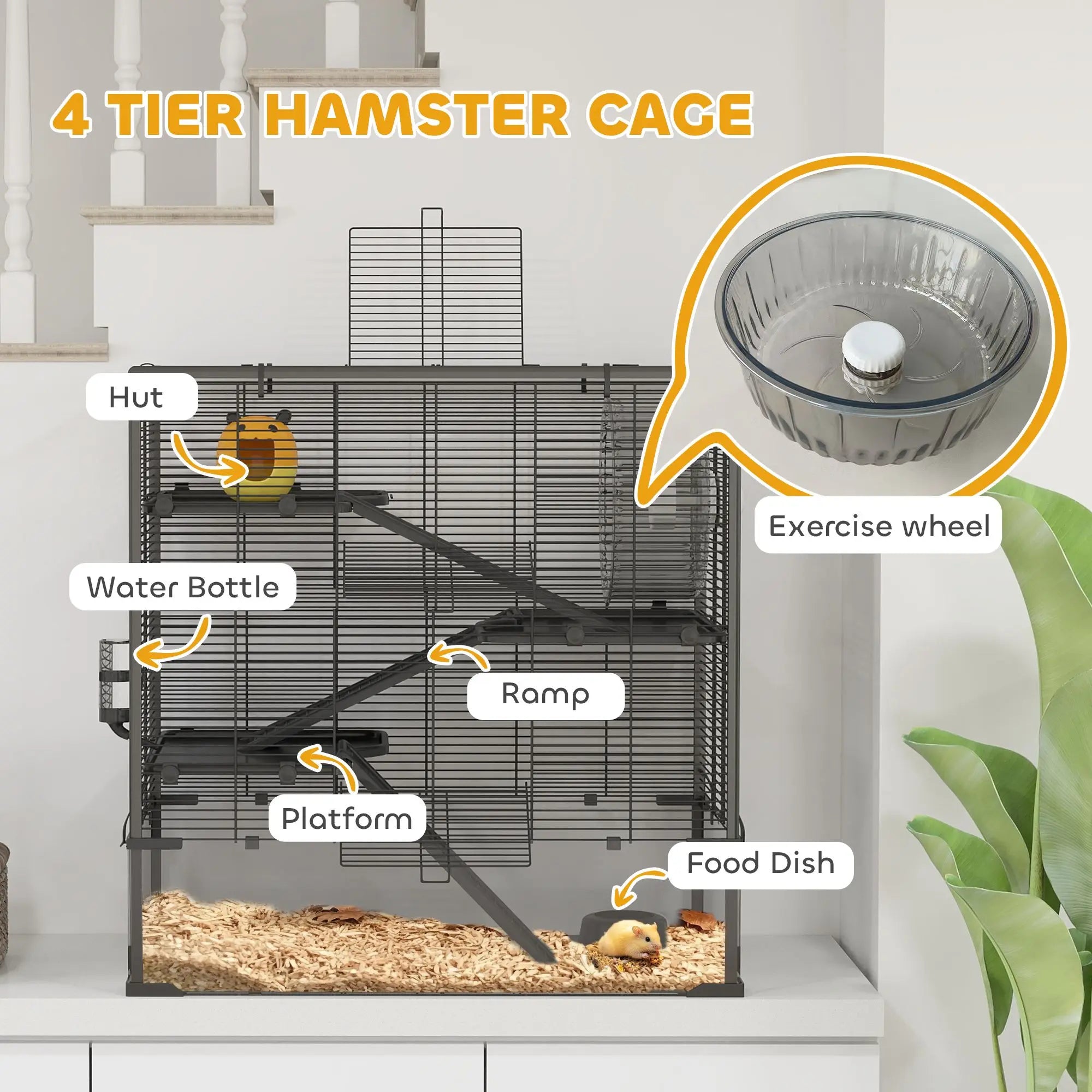 4-Tier Hamster Cage Deep Tempered Glass Bottom Running Wheel Hut Water Bottle Food Dish 31\" X 19\" X 31.5\" for Small Animals