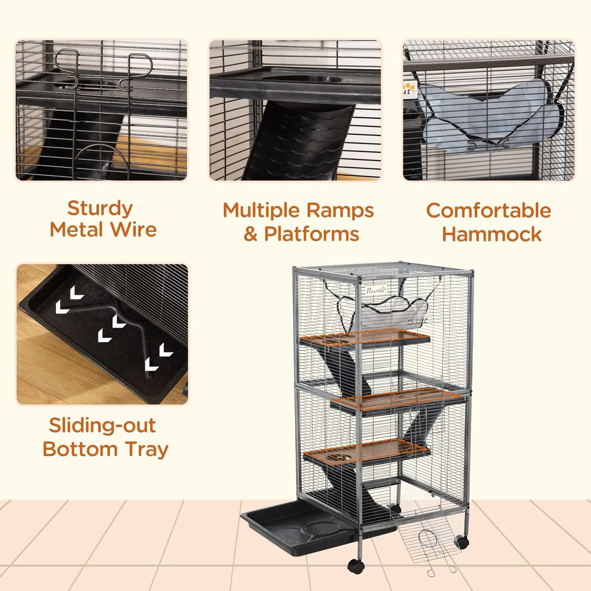 "Extra Large Metal Cage for Ferrets & Chinchillas 4-Tier with Hammock & Removable Tray Gray"