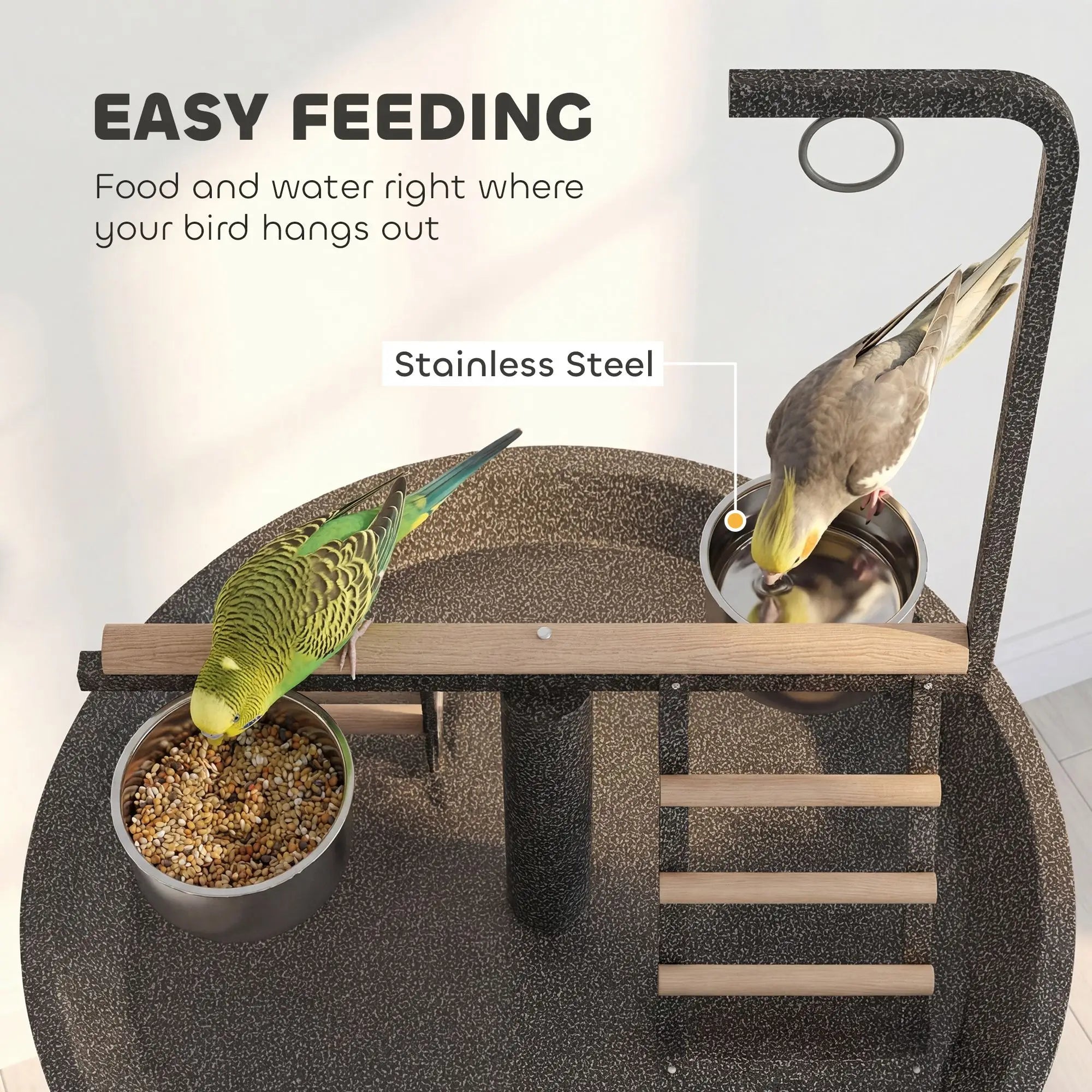 Classic Style Stainless Steel Bird Stand with Wheels Round Tray and Dark Gray Feed Bowls for Indoor and Outdoor Parrot Play