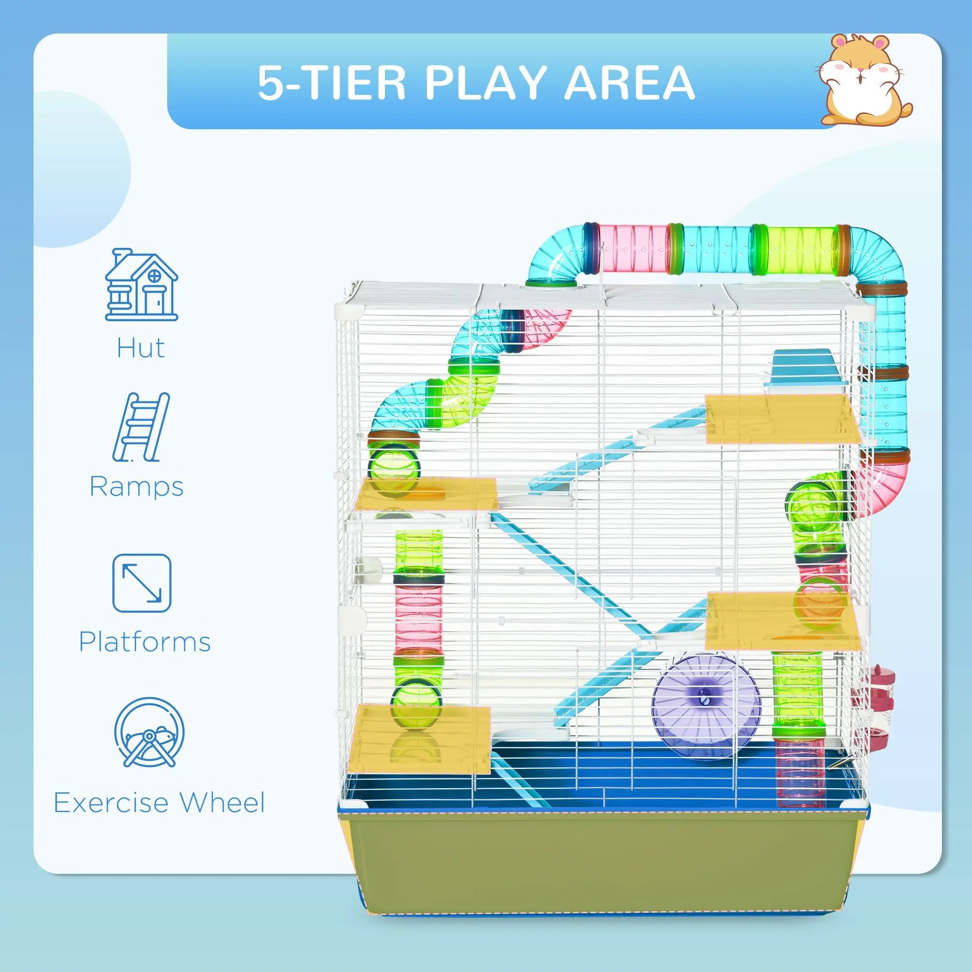 23\" 5-Tier Eco-Friendly Plastic Hamster Cage with Wheel and Water Bottle Cut Style for Indoor and Outdoor Use Blue