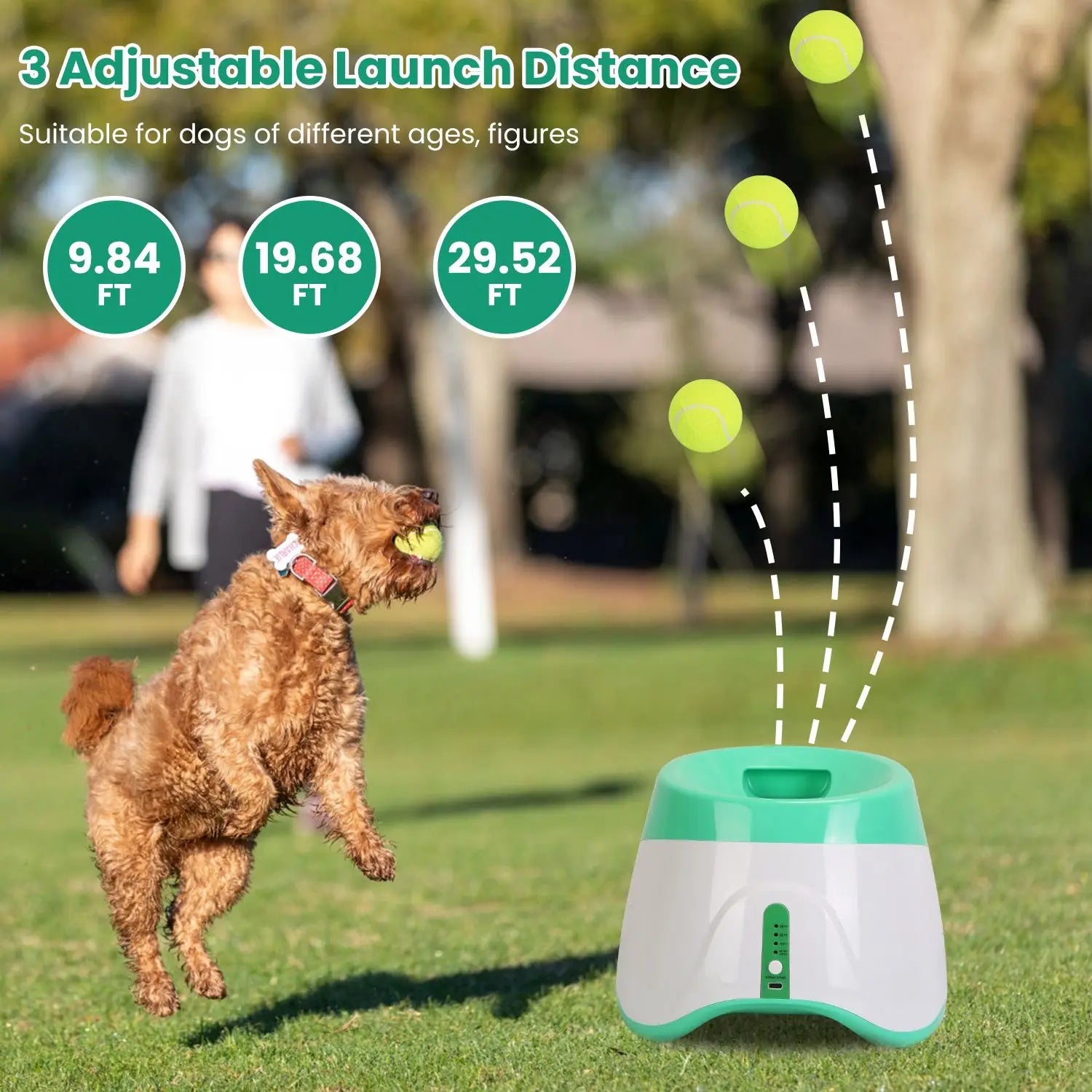Automatic Green Dog Ball Launcher 6 Tennis Balls 3 Adjustable Launch Distance Interactive Fetch Machine Pet Movement Toys
