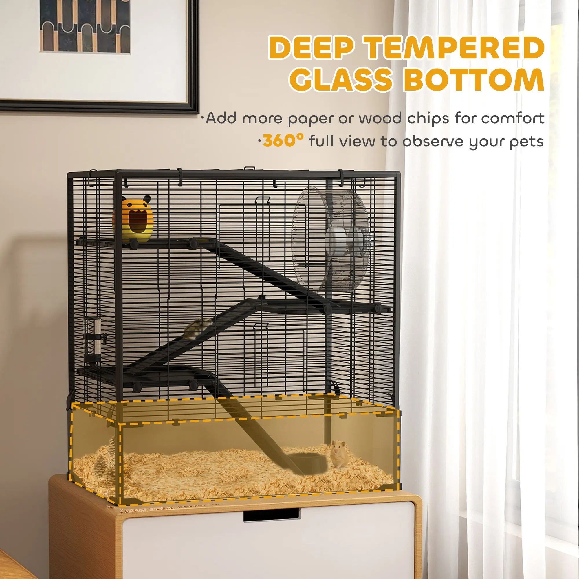 4-Tier Hamster Cage Deep Tempered Glass Bottom Running Wheel Hut Water Bottle Food Dish 31\" X 19\" X 31.5\" for Small Animals