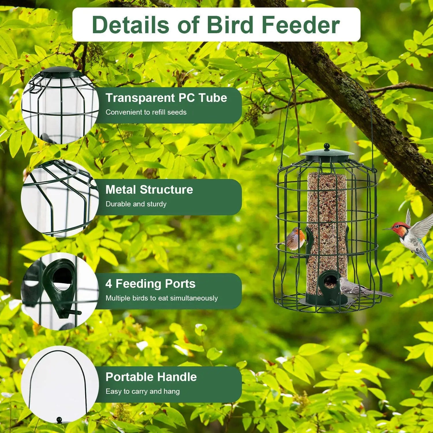 Outdoor Wild Bird Feeder with 4 Feeding Ports Squirrel-Proof Chew-Proof Metal Hanging Seed for Small Songbirds