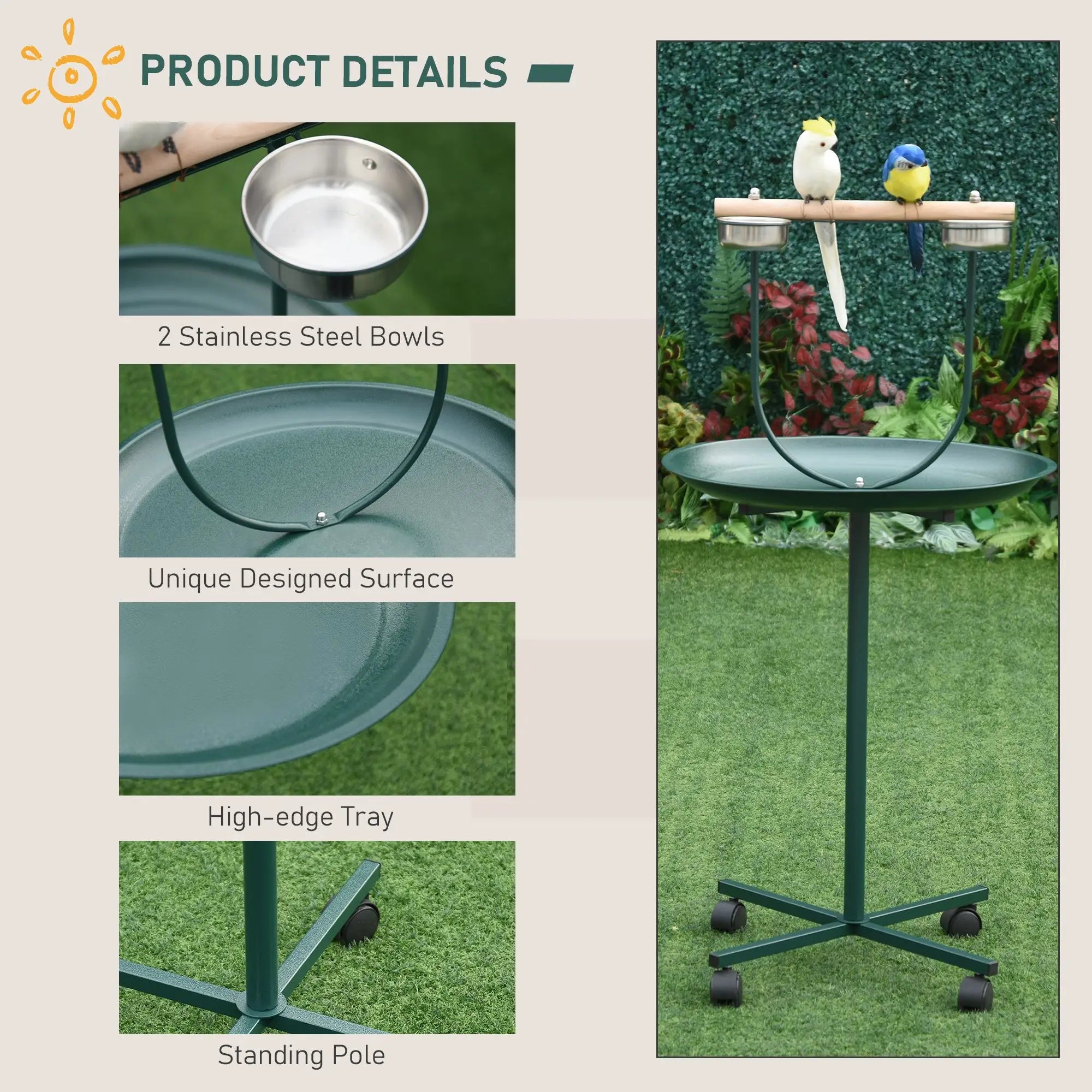 Durable 49 Bird Play Stand with Wheels Stainless Steel T Stand Training Playground Classic Metal Bird Cage with Perch Bowls
