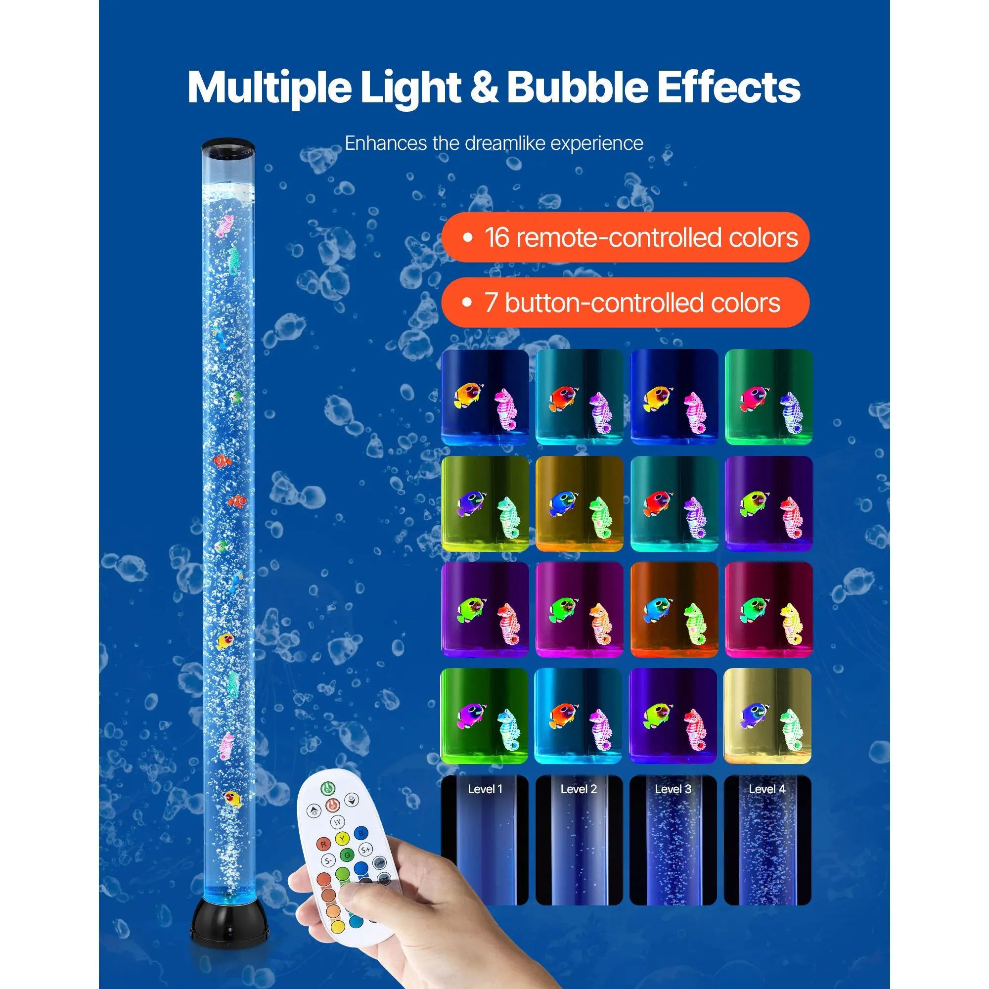 "Sensory Aquarium Lamp 5 ft Bubble Fish Tube with 10 Floating Fish & 16 Color Effects Remote Control"