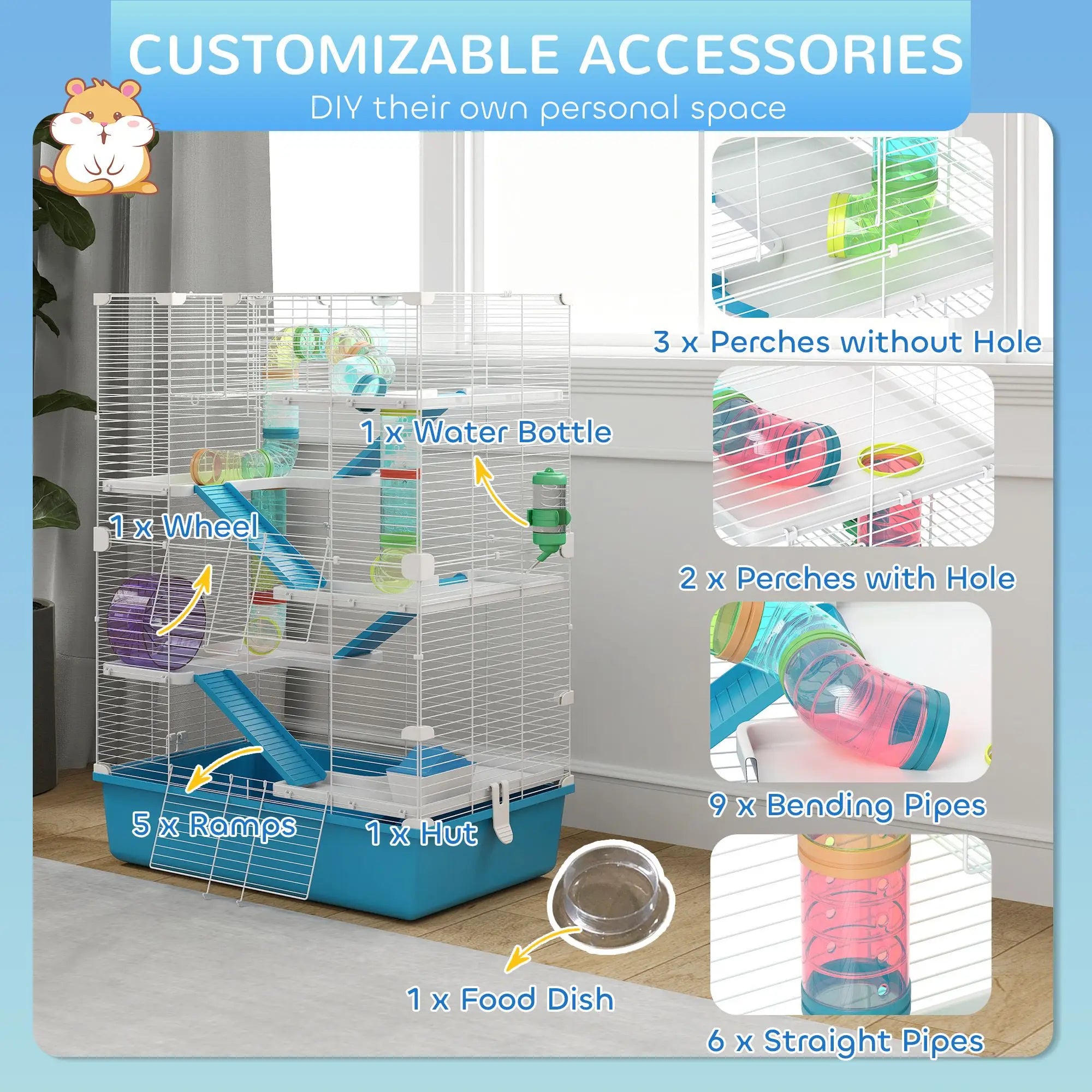 Light Blue 6-Tier Hamster Cage with Tubes Tunnels Hut Wheel Food Dish Water Bottle Ramps for Dwarf Gerbil for Small Animals