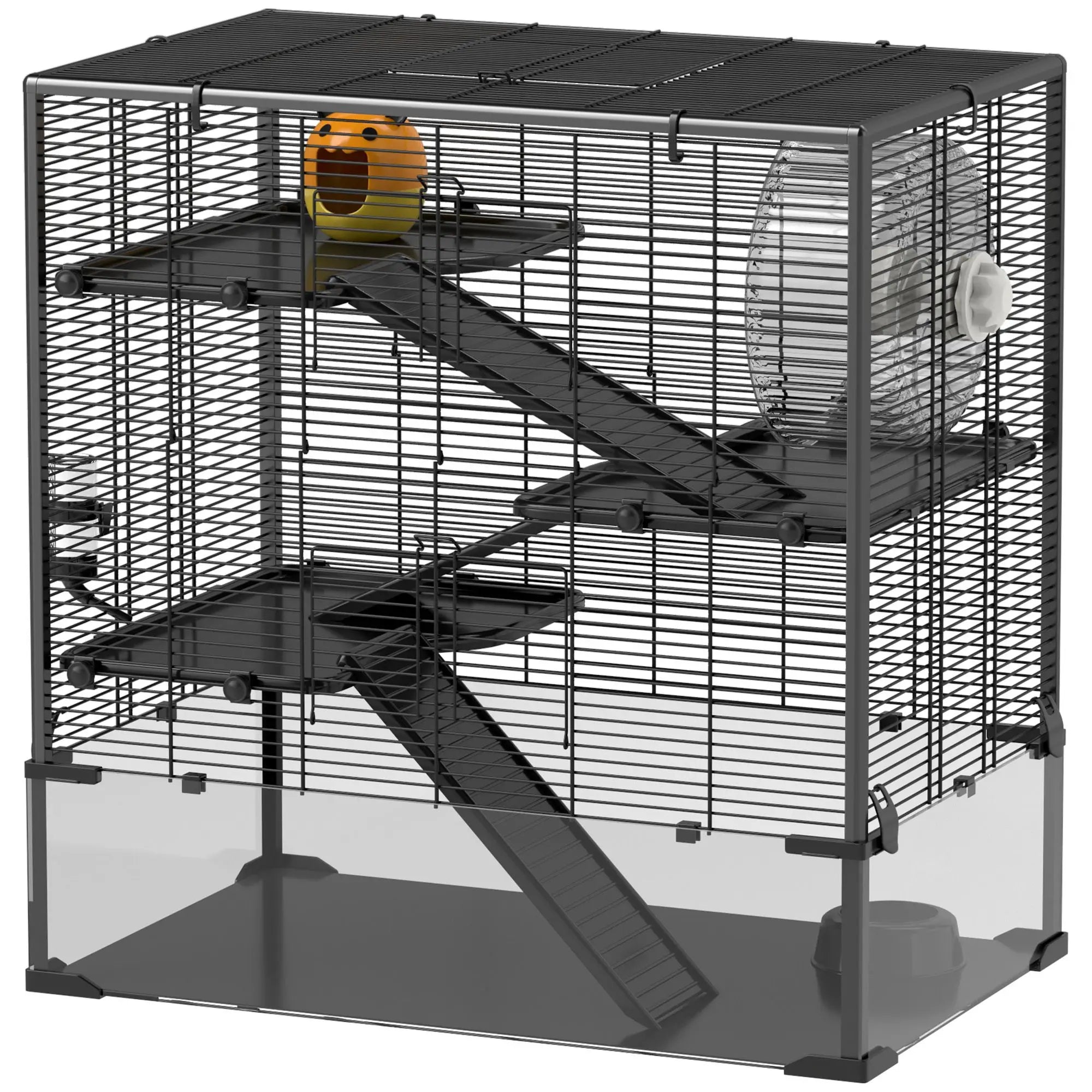 4-Tier Hamster Cage Deep Tempered Glass Bottom Running Wheel Hut Water Bottle Food Dish 31\" X 19\" X 31.5\" for Small Animals