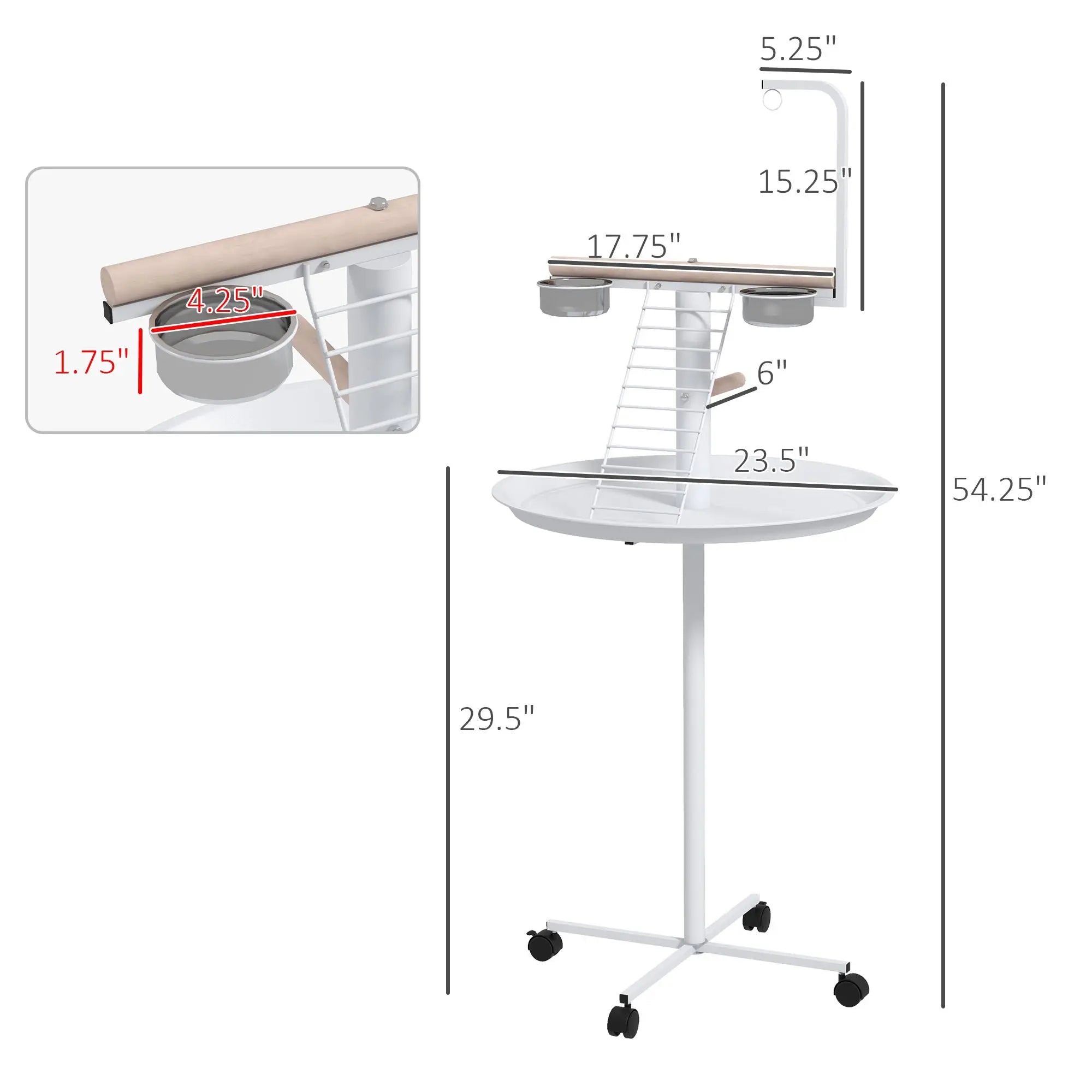 Modern Stainless Steel Bird Feeder Stand with Wheels Perches Feed Bowls Round Tray for Parrots and Bird Toys