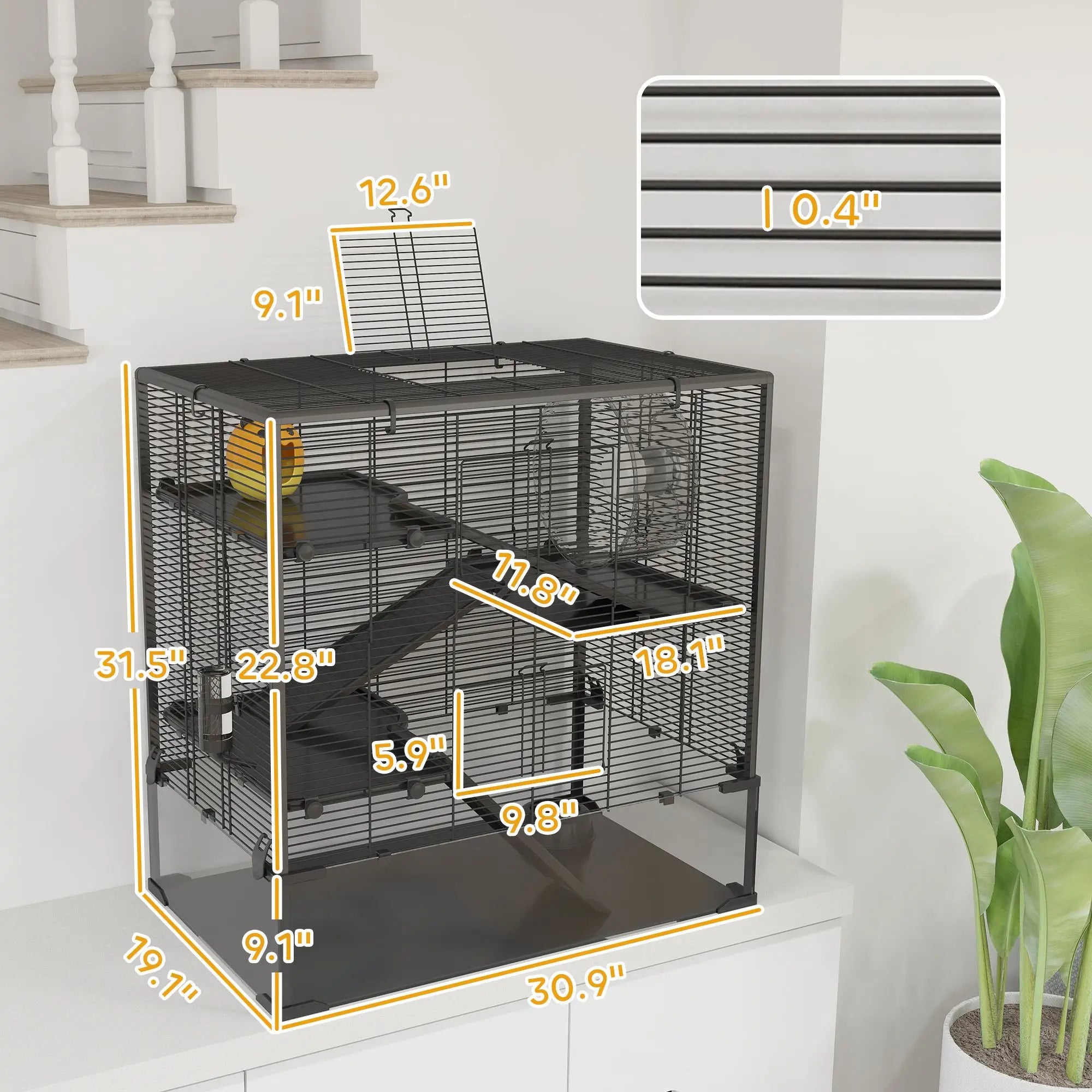 4-Tier Hamster Cage Deep Tempered Glass Bottom Running Wheel Hut Water Bottle Food Dish 31\" X 19\" X 31.5\" for Small Animals
