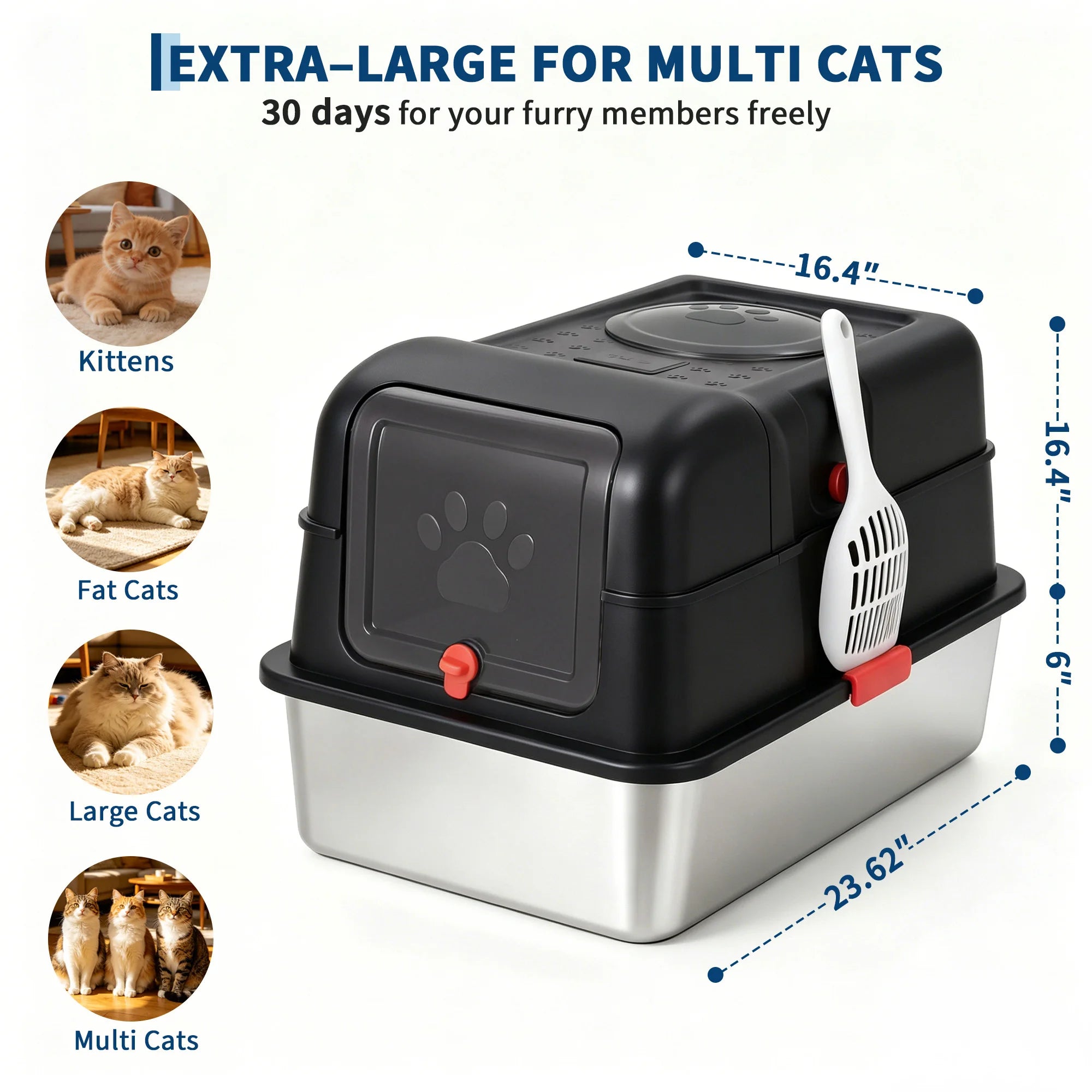 Dog Proof Litter Box Large Stainless Steel Cat Litter Box with Lid, XL Enclosed Metal Litter Pan, Front Entry Top Exit, High-Sided Anti-Leak, Includes Scoop for Big Cats & Multi-Cat Home