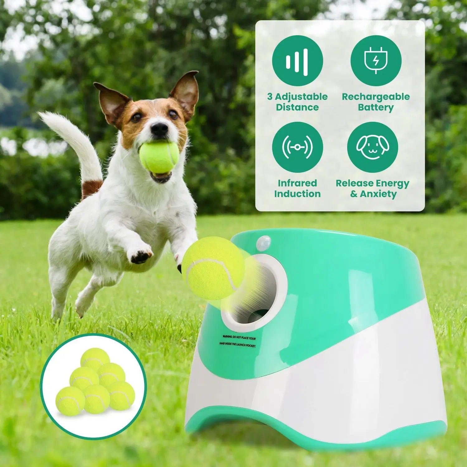 Automatic Green Dog Ball Launcher 6 Tennis Balls 3 Adjustable Launch Distance Interactive Fetch Machine Pet Movement Toys