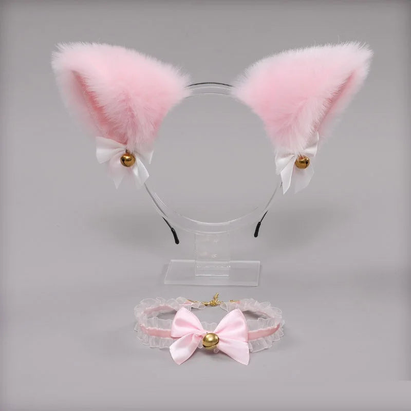 Kawaii Cat Ear Headband Necklace Anime Party Cosplay Costume Lace Bow Bell Collar Plush Headwear Women Girls Hair Accessories