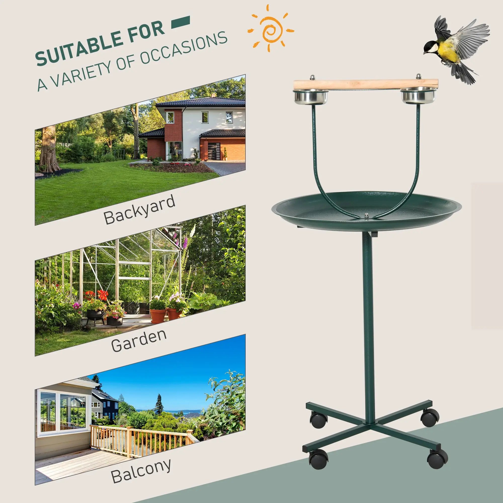 Durable 49 Bird Play Stand with Wheels Stainless Steel T Stand Training Playground Classic Metal Bird Cage with Perch Bowls