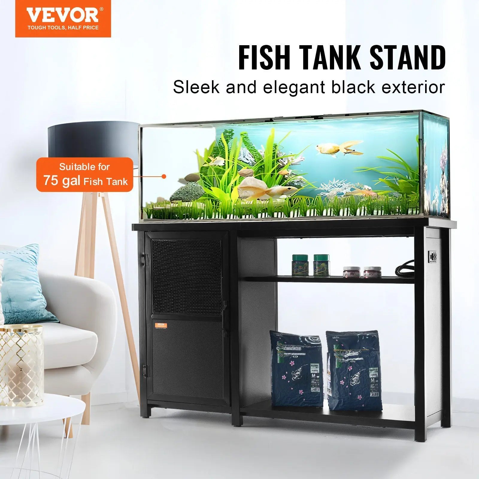 Black Rectangle 75 Gallon Aquarium Stand Steel MDF Modern Design Indoor Use Box Packaging Fish Tank Reptile Turtle Habitat Power