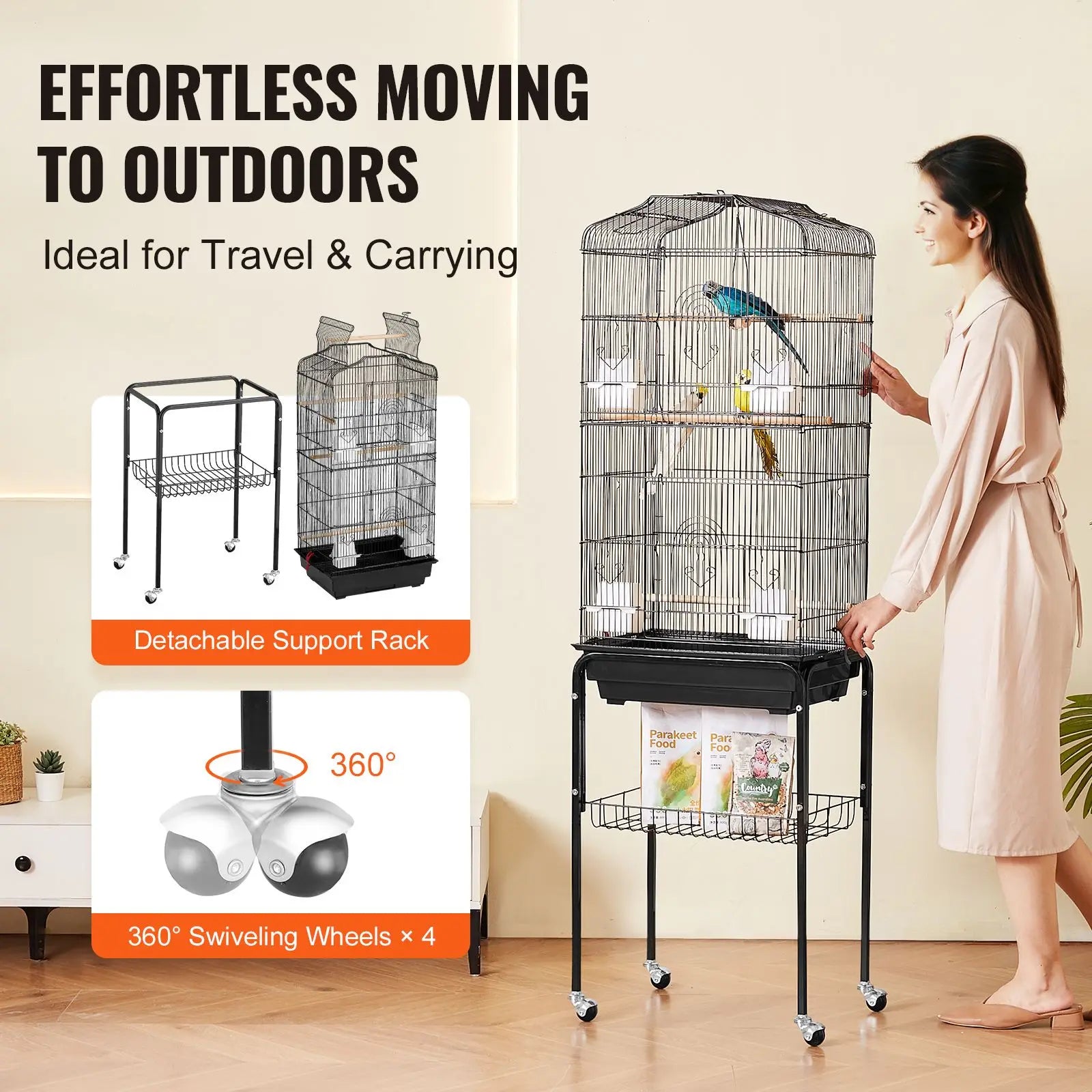 "64 Inch Open Top Large Parrot Cage with Detachable Rolling Stand for Parakeets Finches Canaries Lovebirds Cockatiels"