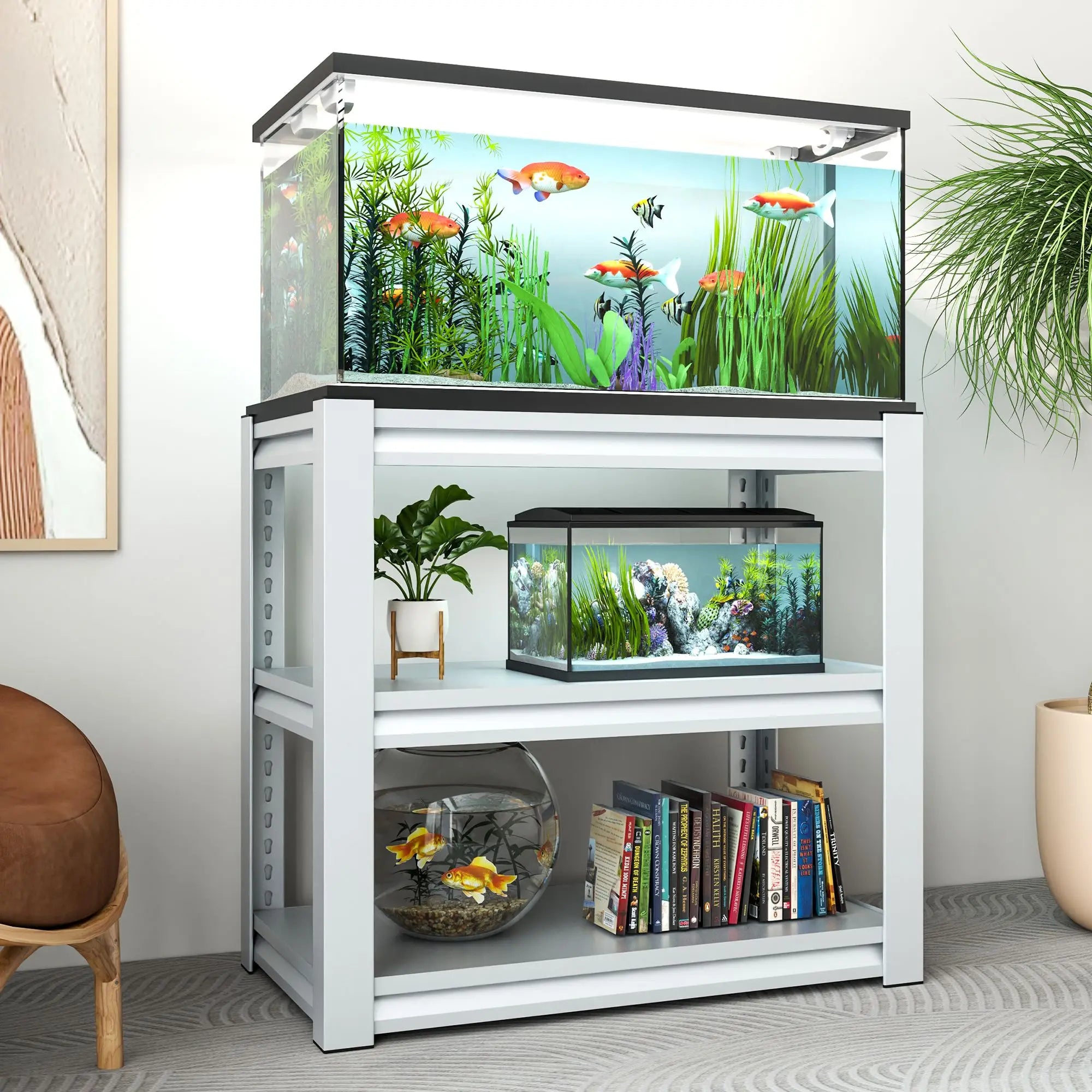Aquarium Stand 3 Tier Metal Rectangular 20-30 Gallon Adjustable Fish Tank Shelf Antique White Living Room Model D0100XU6CRY