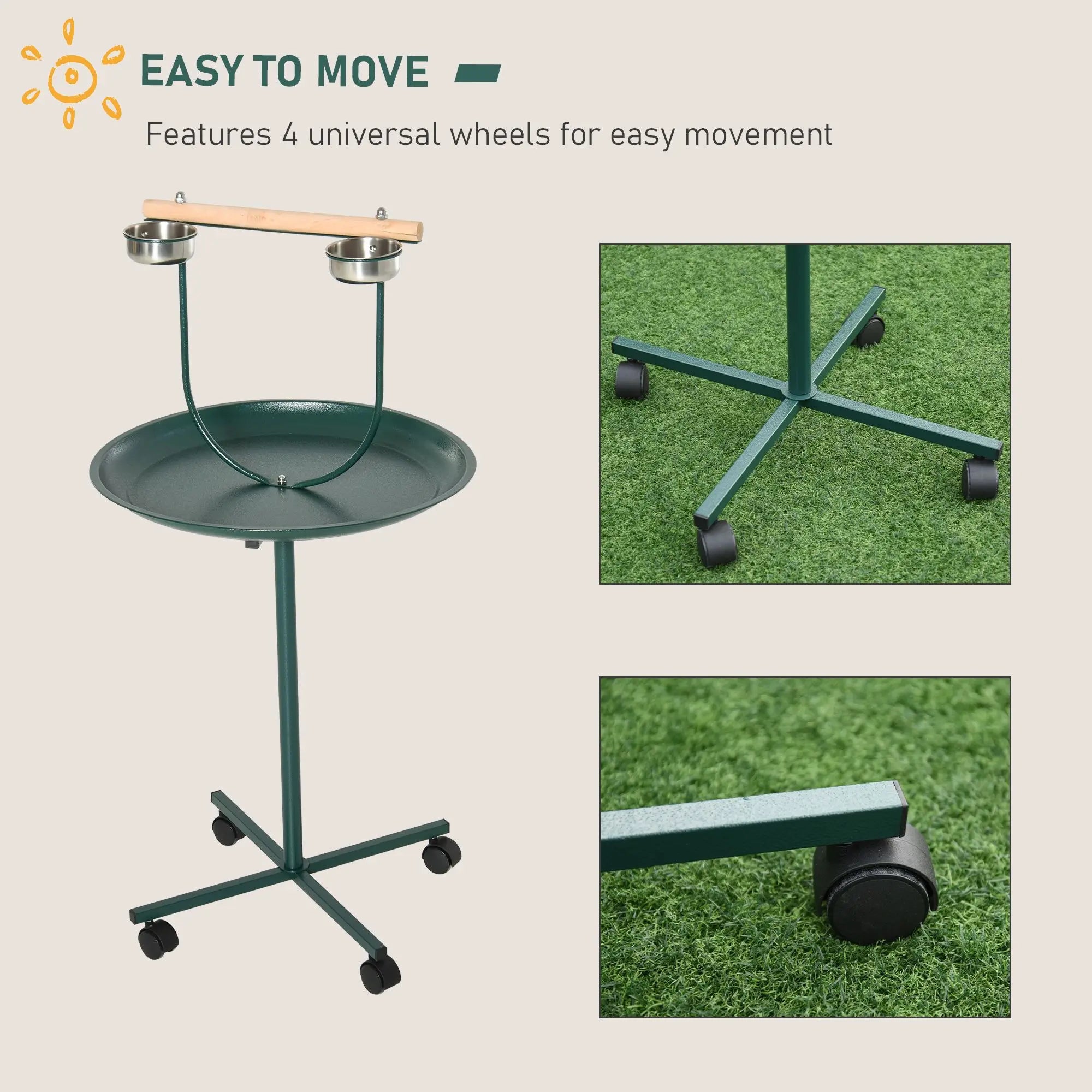 Durable 49 Bird Play Stand with Wheels Stainless Steel T Stand Training Playground Classic Metal Bird Cage with Perch Bowls
