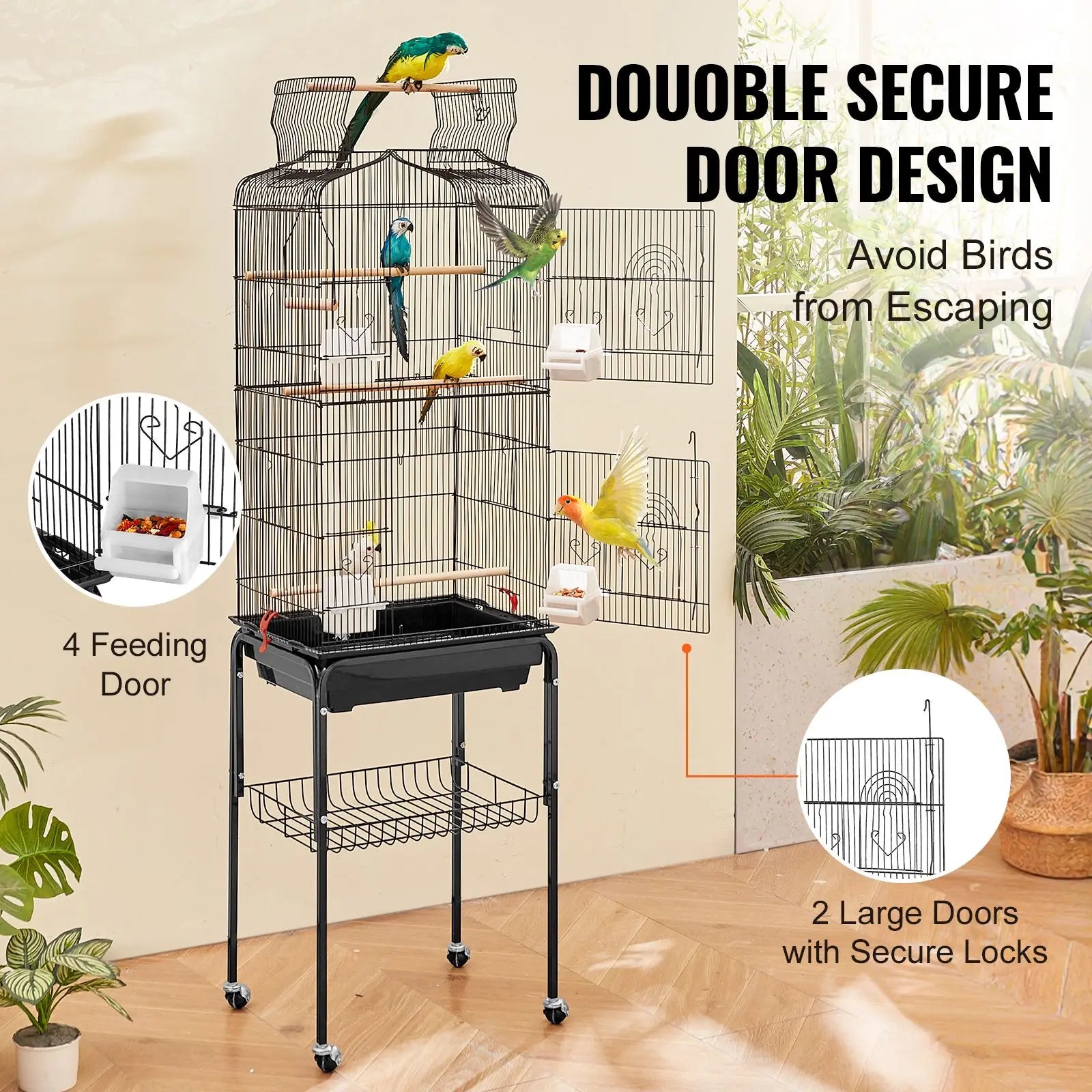"64 Inch Open Top Large Parrot Cage with Detachable Rolling Stand for Parakeets Finches Canaries Lovebirds Cockatiels"
