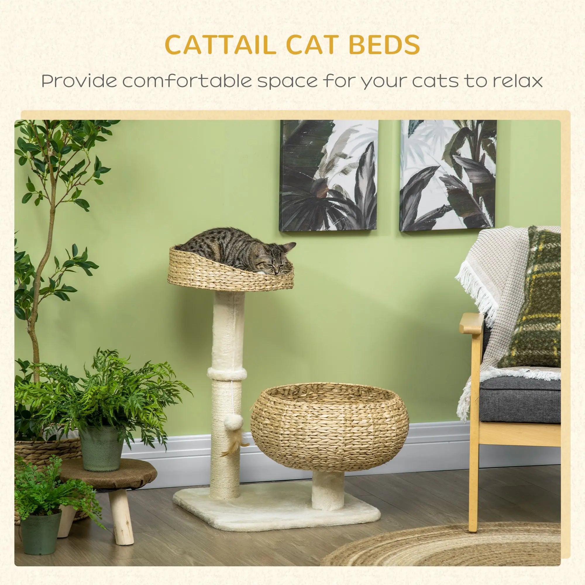 28\" Modern Cat Tree with Elevated Bed and Sisal Scratching Post Cute Basket Design for Indoor Kitties and Small Cats