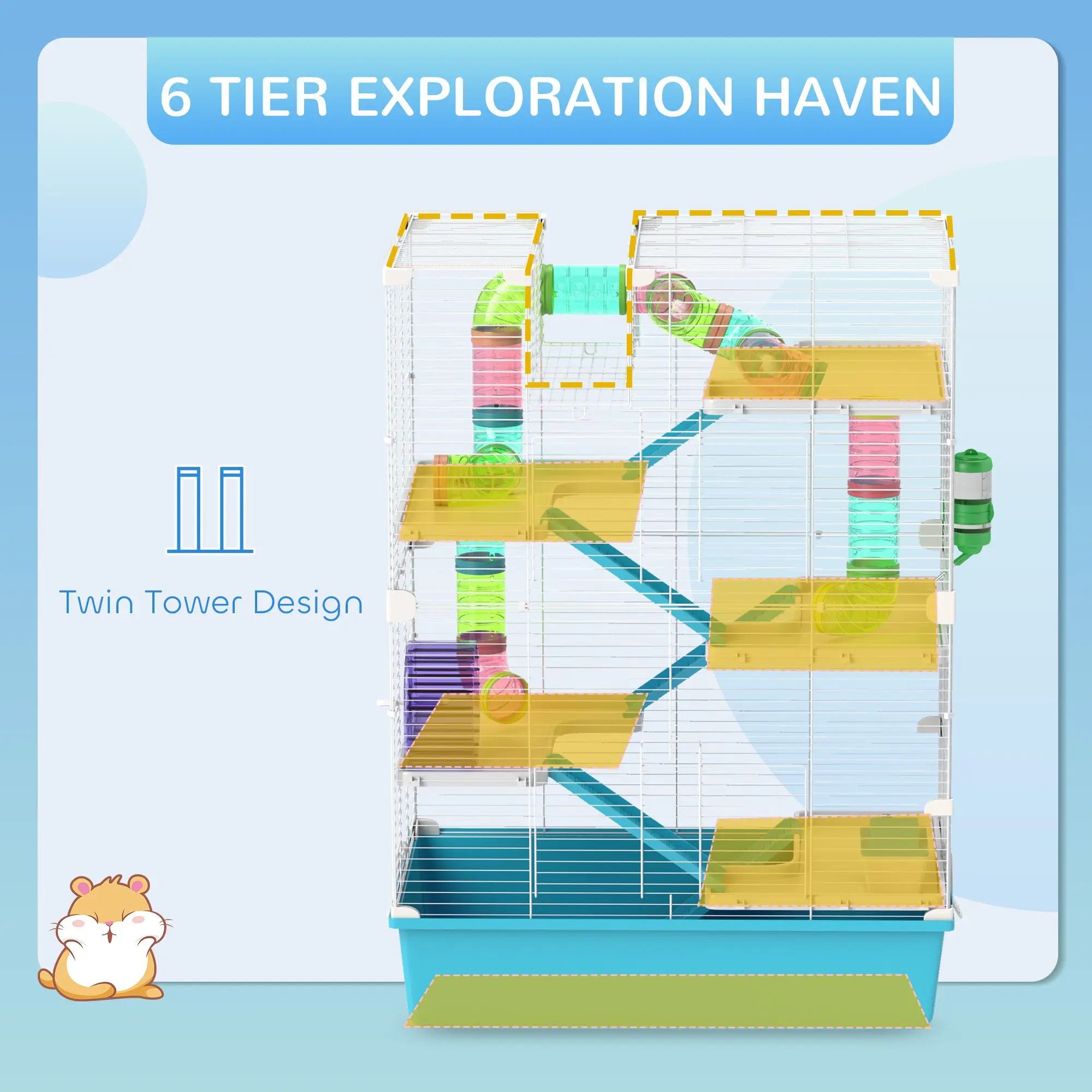 Light Blue 6-Tier Hamster Cage with Tubes Tunnels Hut Wheel Food Dish Water Bottle Ramps for Dwarf Gerbil for Small Animals